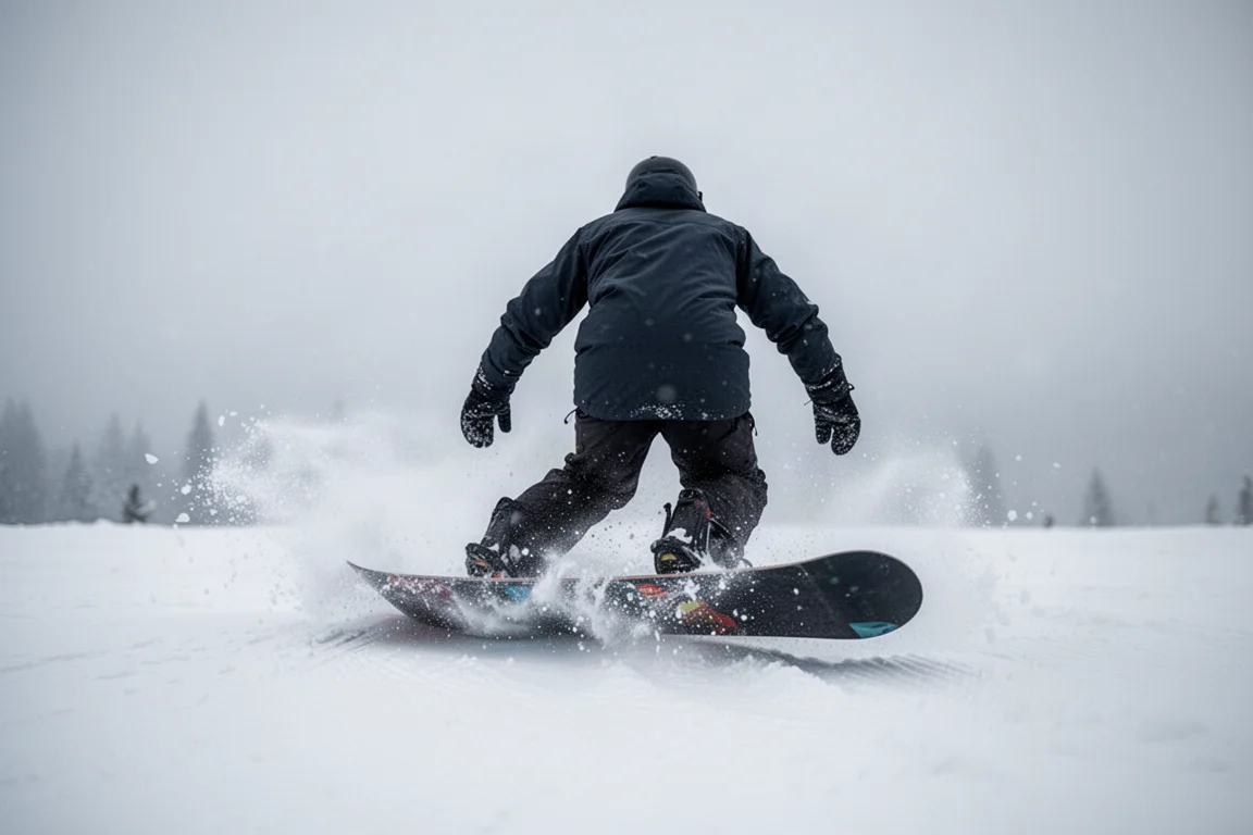 Snowboarder drückt beim Carven das Tail des Boards in weichen präparierten Schnee, mit Schneespray
