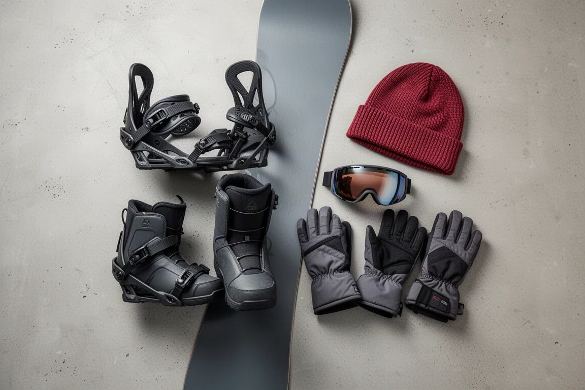 Draufsicht auf Freeride-Bindungen, Boots, Goggles und Handschuhe auf Beton