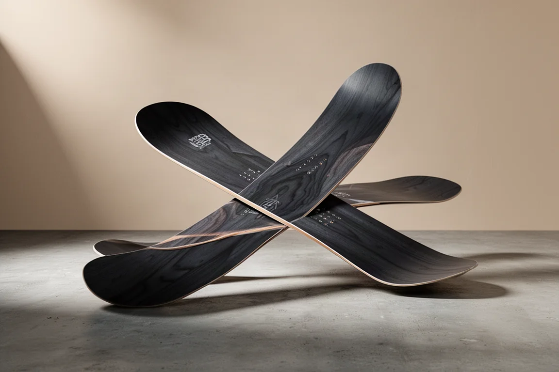 Directional freeride snowboard with a rockered nose standing on a matte concrete surface