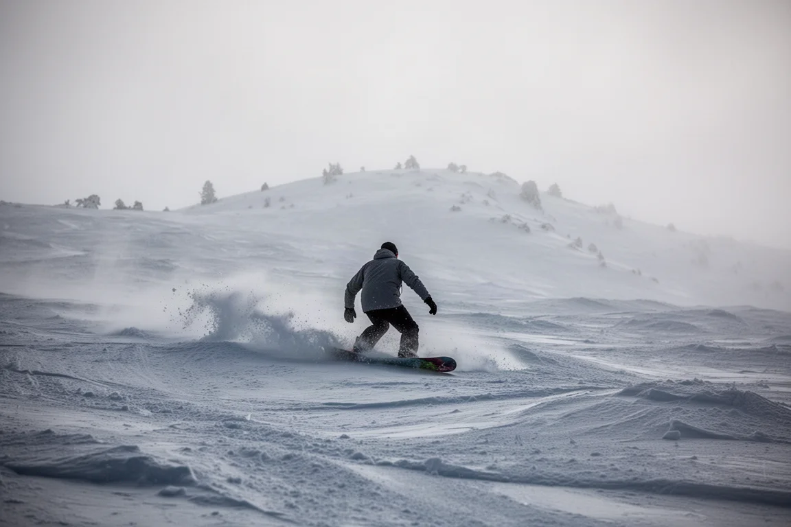 Snowboarder von hinten gesehen, wie er an einem grauen Tag mit geringer Sichtweite einen buckeligen Hang carve