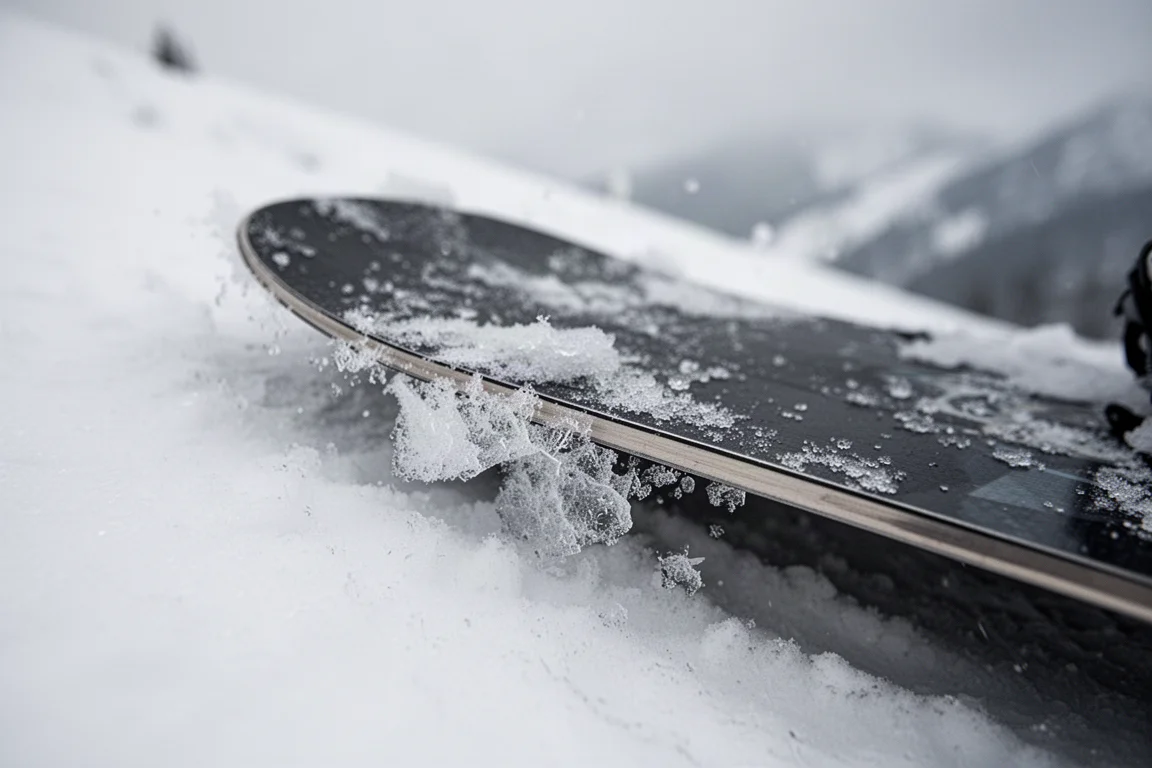 Nahaufnahme einer Stahlkante eines Snowboards, die in harten, vereisten Schnee beißt