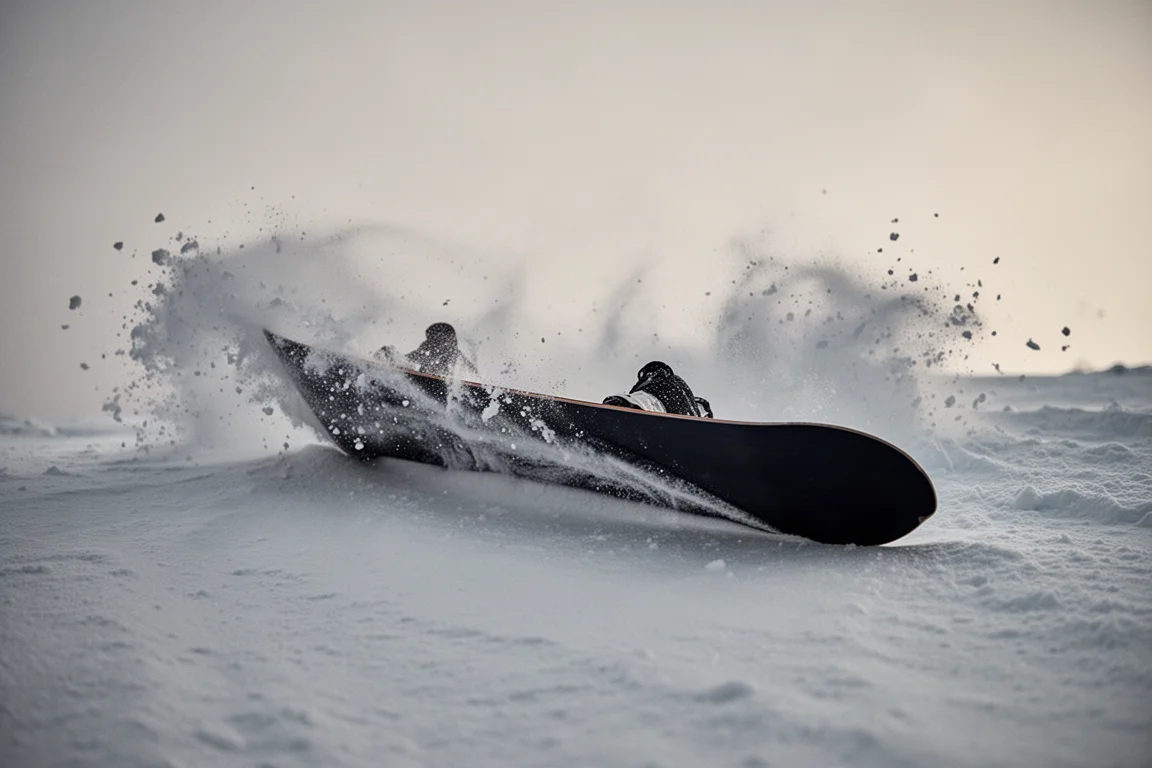 Ansicht aus niedrigem Winkel eines Snowboards, das in einer harten Kurve überlegt wird, mit Schneespray