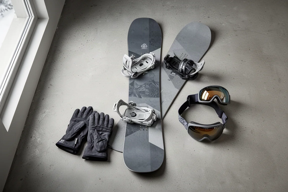 Flachansicht von oben eines Snowboards mit Bindungen, Handschuhen und Goggle auf Beton