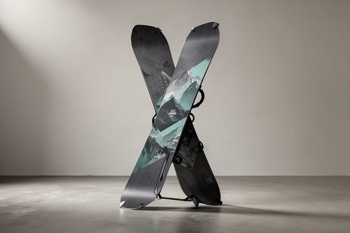 Directional freeride snowboard standing upright on a matte concrete floor