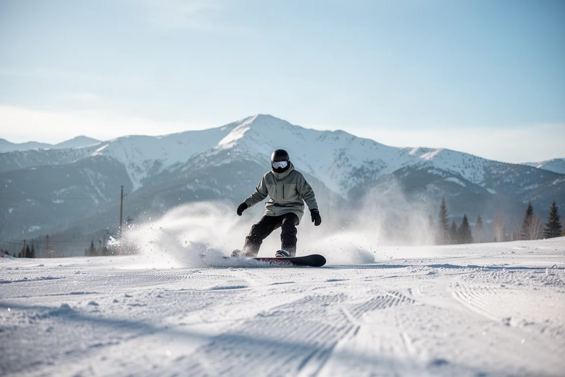 Snowboardeur traversant la slush printanière sur une piste damée sous un ciel bleu dégagé