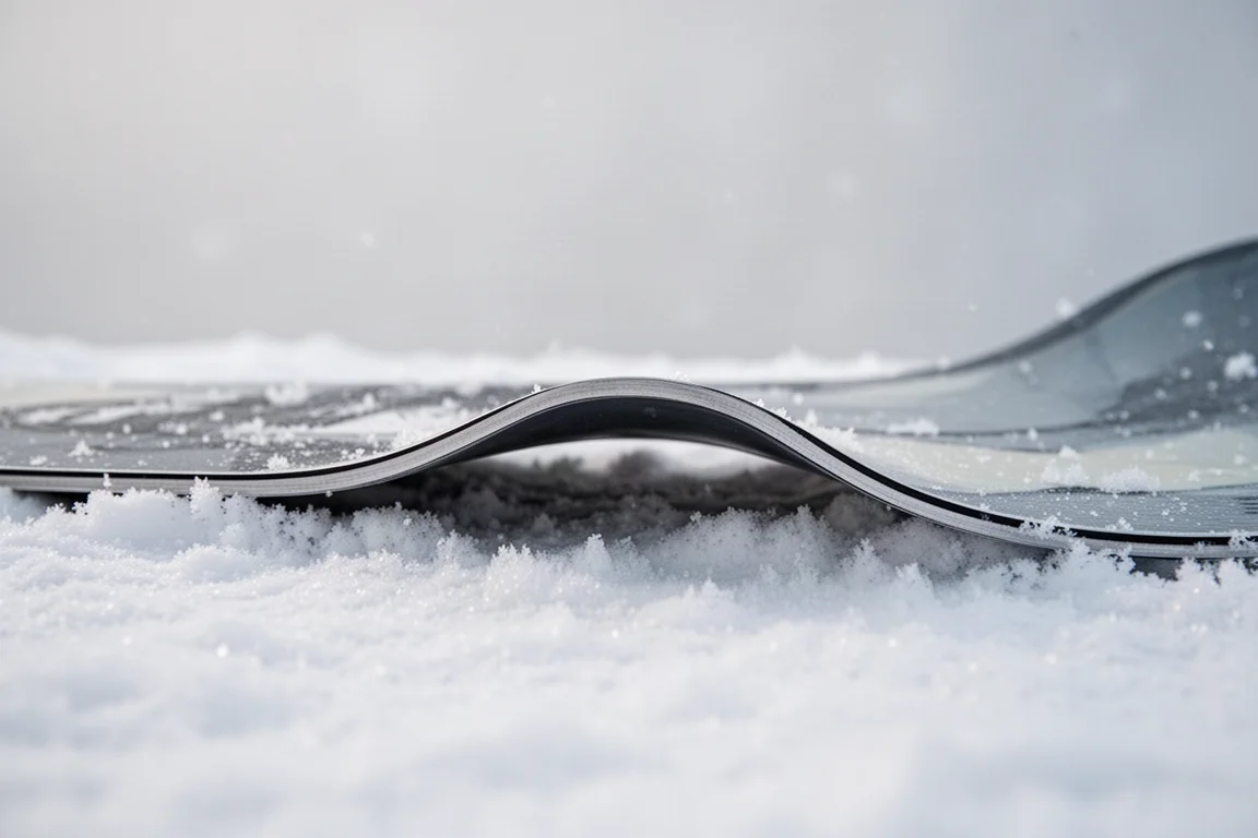 Gros plan sur la semelle d'un snowboard montrant une douce courbe de cambre sur neige durcie