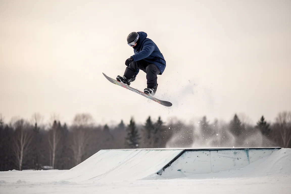 Snowboardeur en plein air au-dessus d'un petit saut de park sous un ciel d'hiver pâle