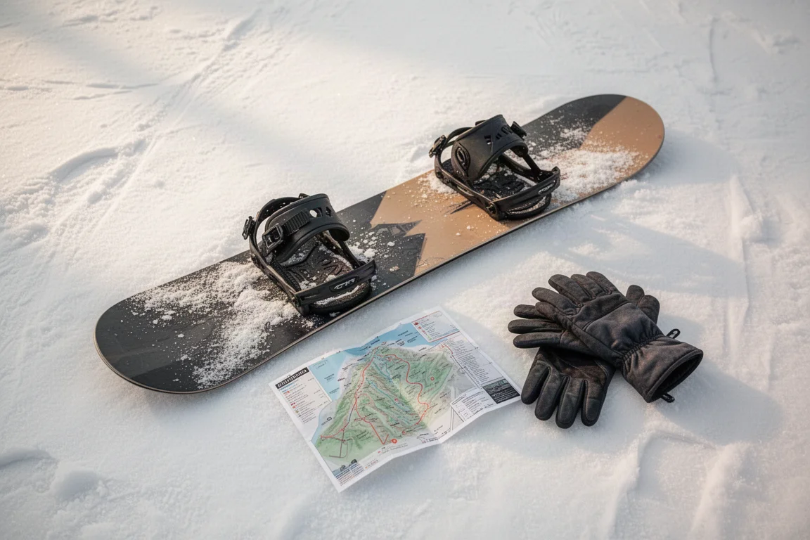 Snowboard avec fixations sur neige damée au pied d'une station sous la lumière du matin
