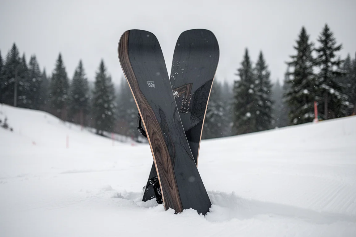 Freestyle snowboard standing in fresh snow beside a groomed run at a mountain resort