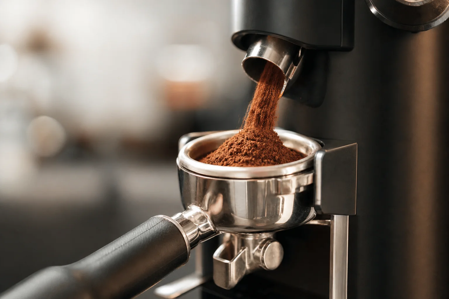 Espresso grounds flowing into a portafilter basket from a grinder