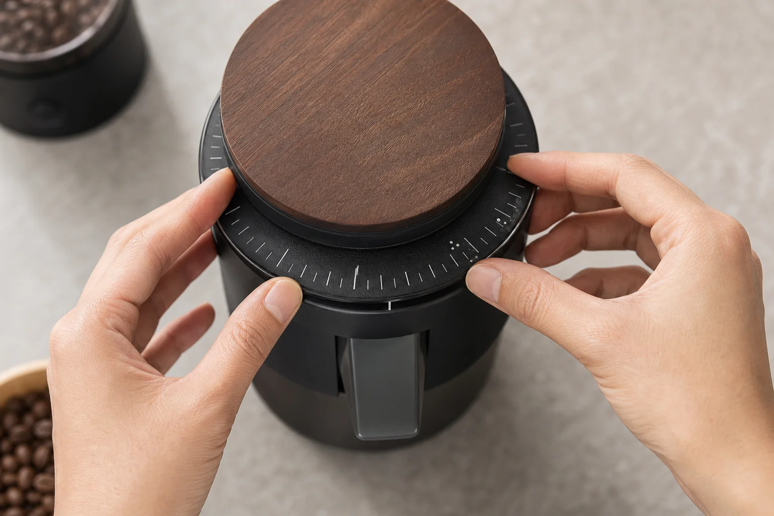 Hands adjusting the grind dial with calibration markings visible