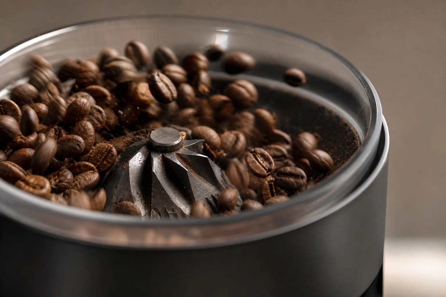 Coffee beans grinding in hopper with visible burr mechanism
