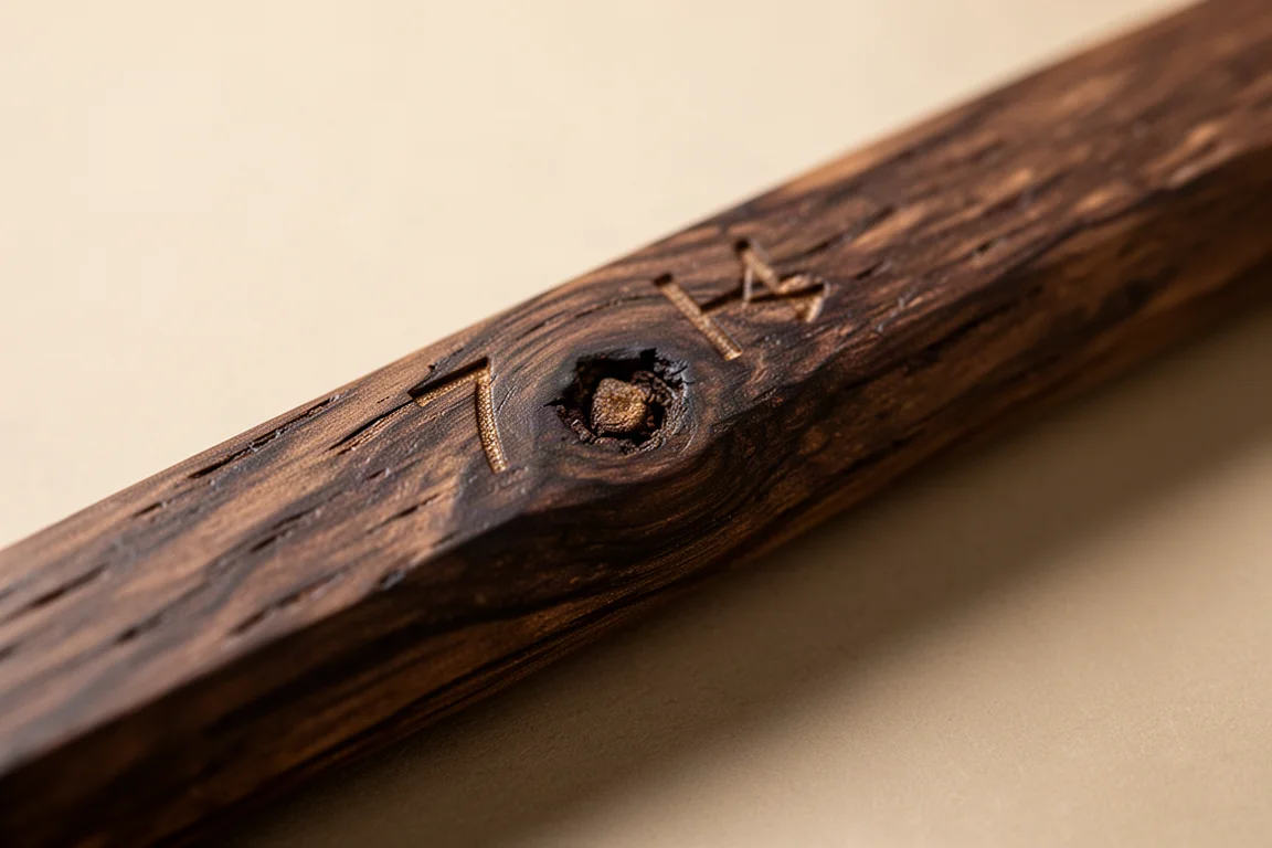 Primo piano del fusto in legno scuro di una matita con logo inciso al laser e venatura naturale