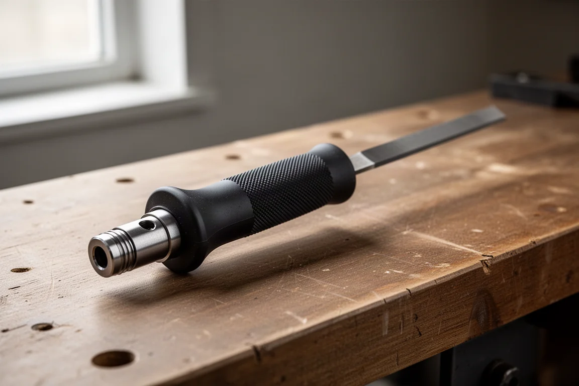 Universal file handle with a flat file inserted on a wooden workbench