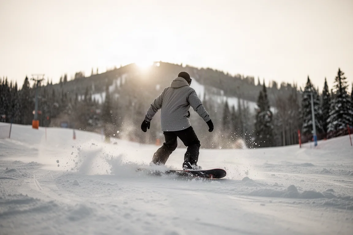 Snowboarder fährt durch gehackten Schnee auf einer Piste in der tiefen Wintersonne