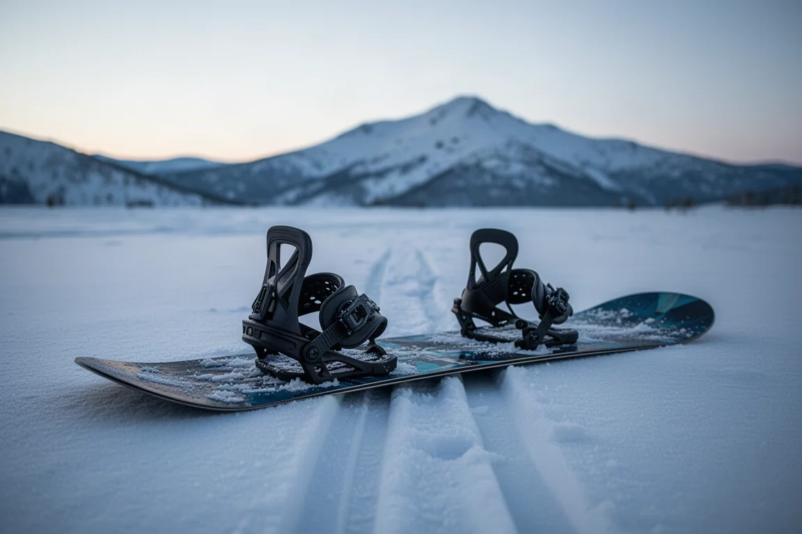 Snowboard mit Bindungen liegt in der Dämmerung auf festem Schnee, dahinter ein Bergkamm