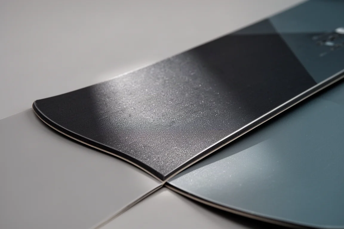 Macro detail of a matte rubbery snowboard top sheet surface on a grey backdrop