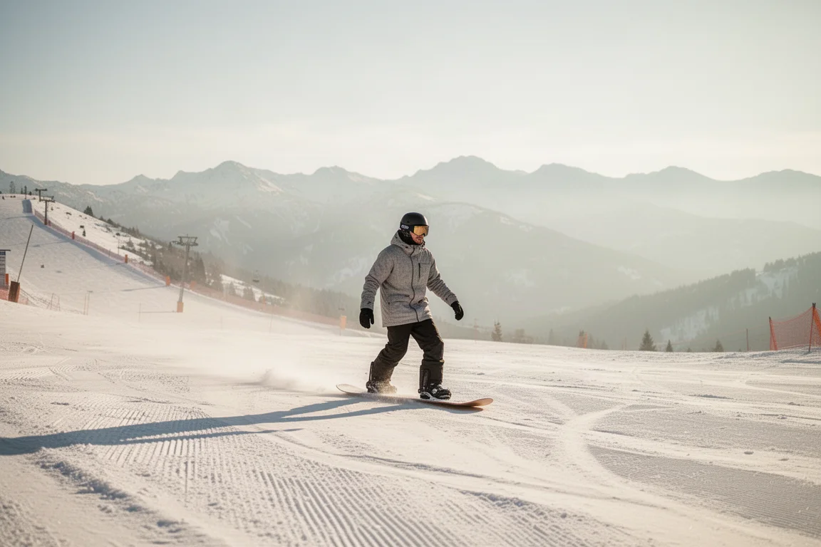Snowboarder cruisend over zachte geprepareerde hellingen op een zonnige berghdag