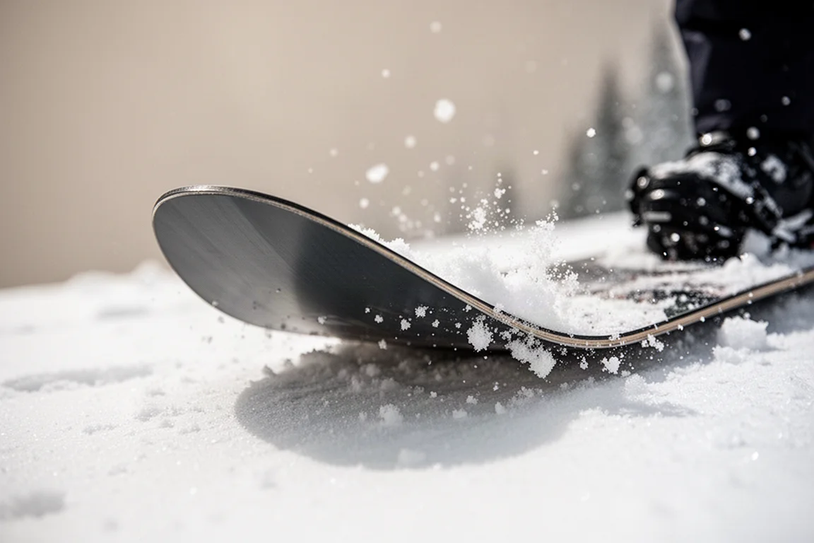 Snowboarder snijdend hard door een bocht met een schone kantenspoor achterlatend
