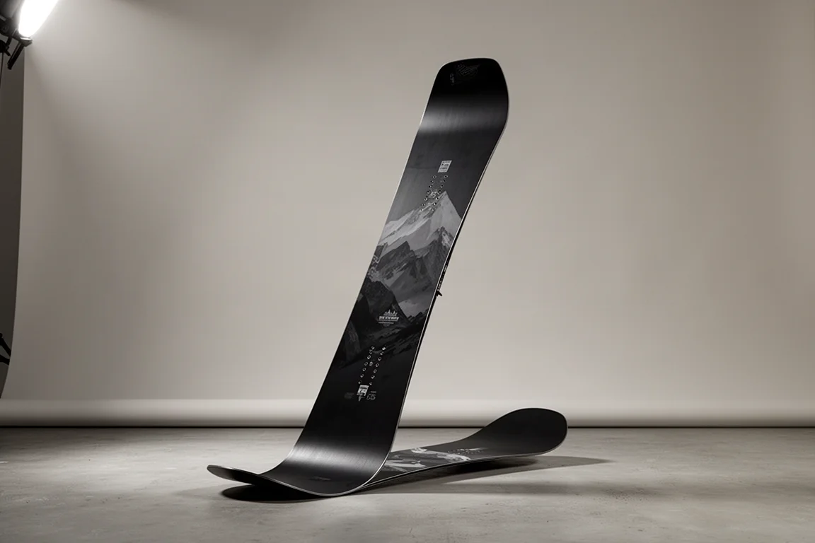 Nidecker Alpha snowboard staand op een grijze studio-achtergrond