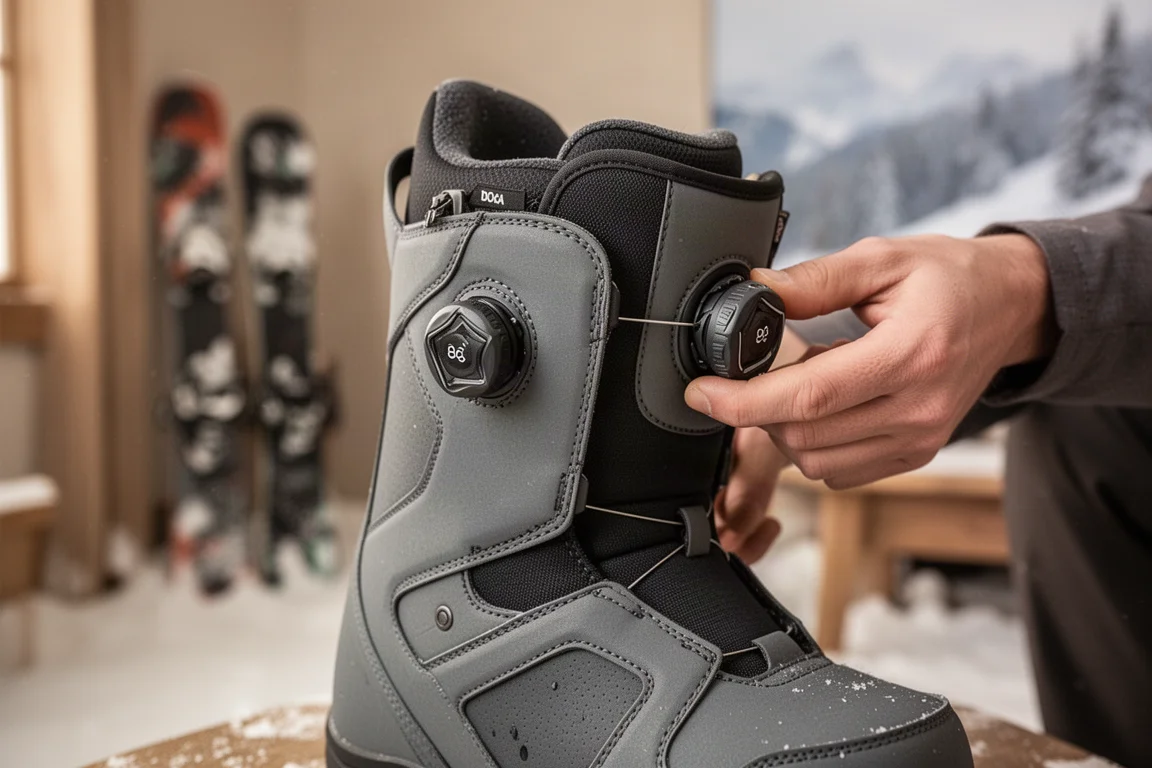 Snowboardeur ajustant une molette Boa sur une boot dans un chalet enneigé