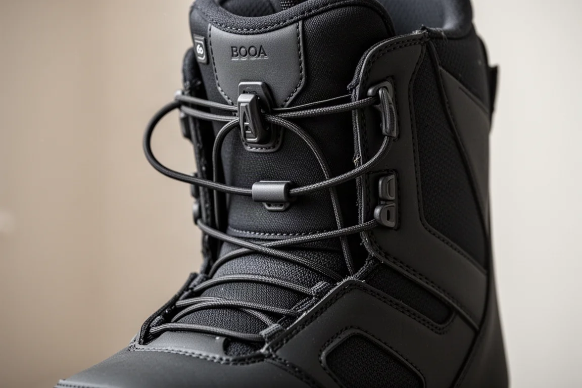 Gros plan sur un système de laçage double Boa d'une boot de snowboard