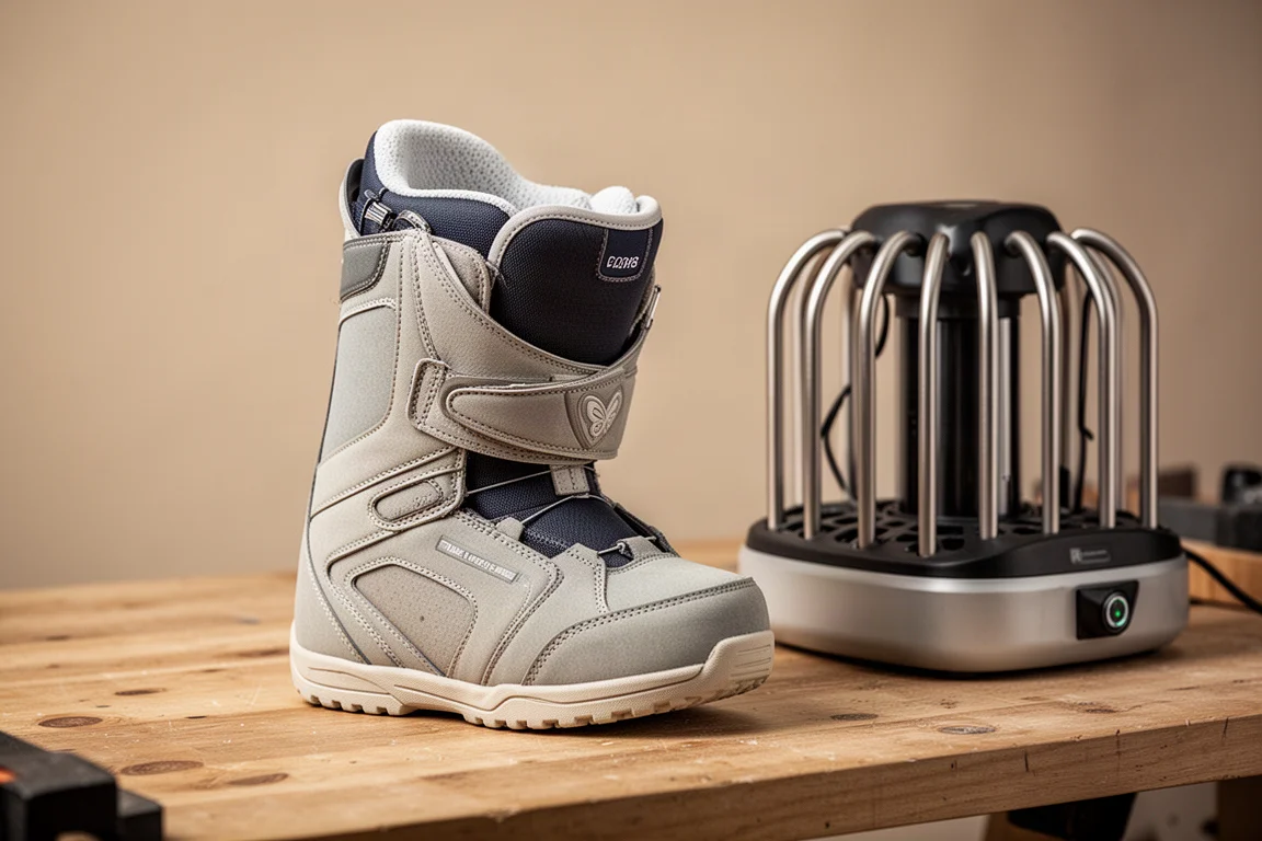 Chausson thermoformable de boot de snowboard posé sur un établi d'atelier