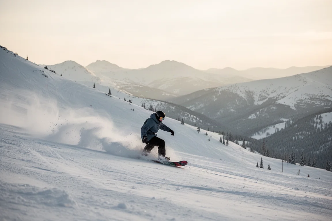 Snowboardeur en carving sur un carre backside sur une large pente dégagée