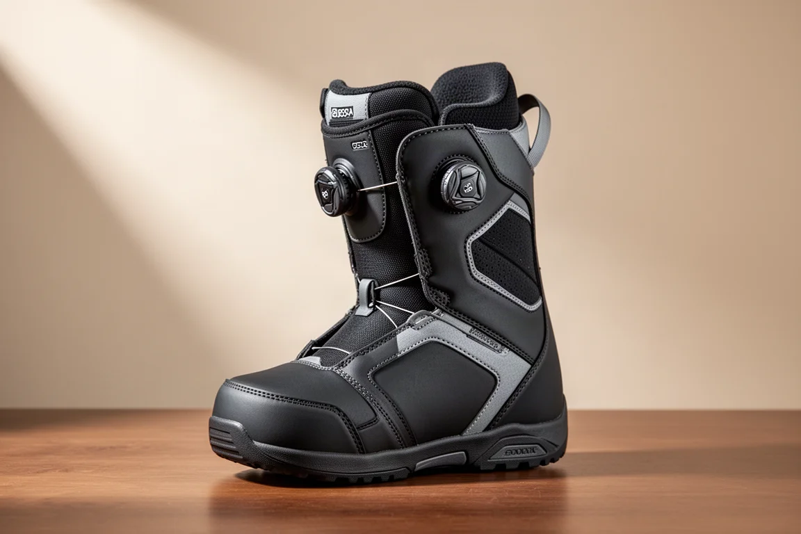Boot de snowboard Nidecker Altai posée sur une surface en bois brossé