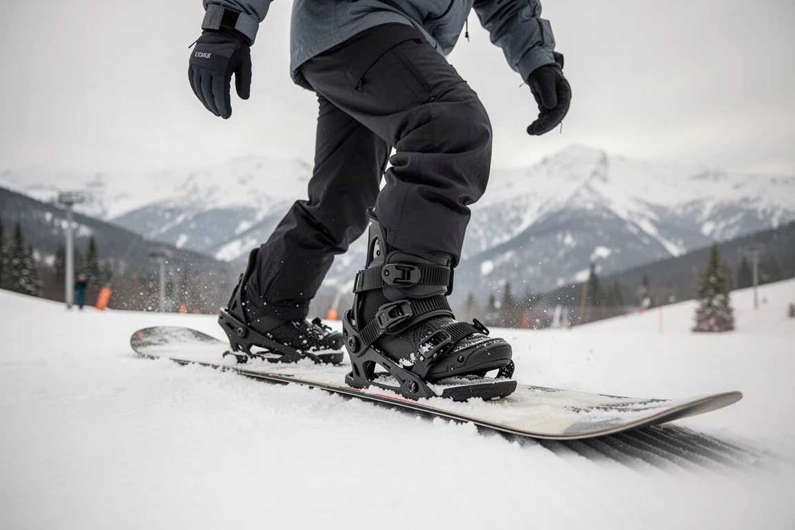 Snowboarder steigt auf dem Schnee in eine Binding, Bergkulisse im Hintergrund