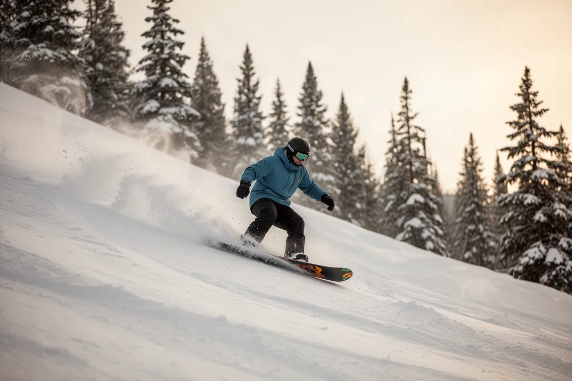 Snowboarder fährt eine steile All-Mountain-Linie im Carvingschwung