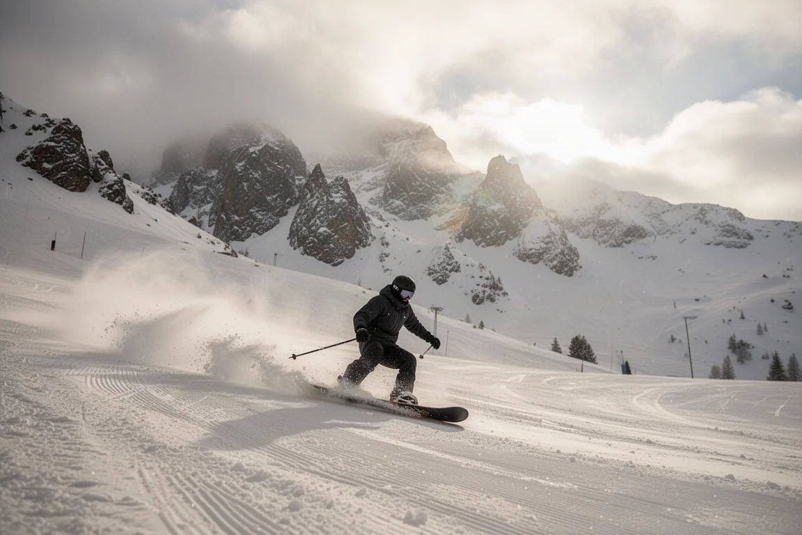Snowboarder carving hard on a sunlit groomer with snow spraying off the edge