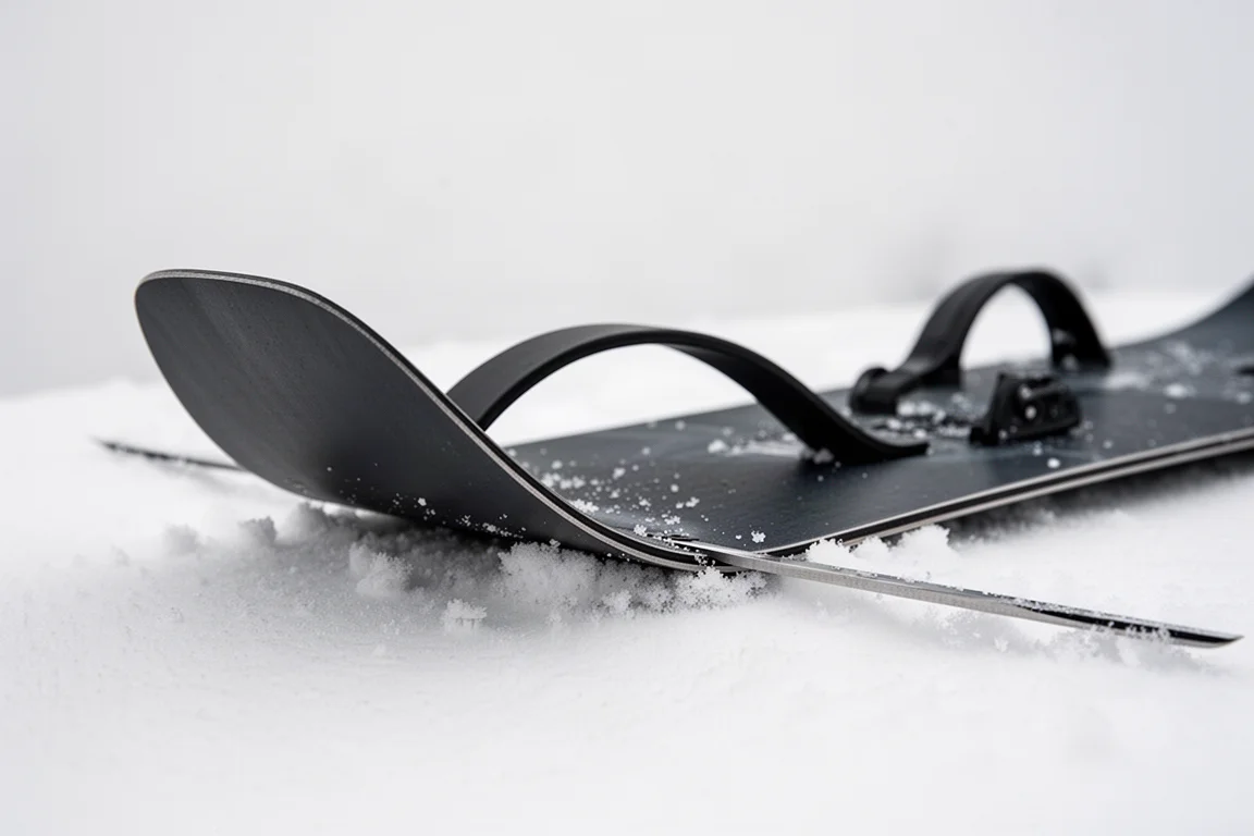 Close-up of a snowboard edge cutting into soft groomed snow