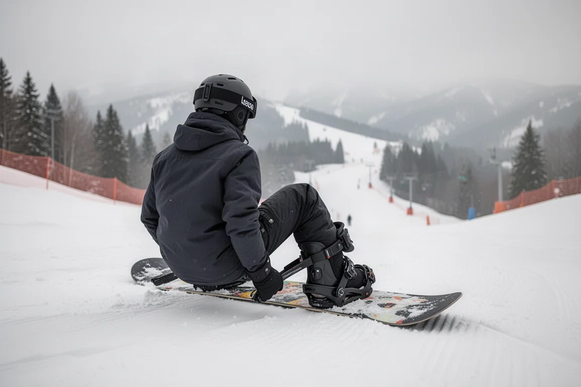 Początkujący snowboardzista wpinający się w wiązanie na łagodnie przygotowanym stoku