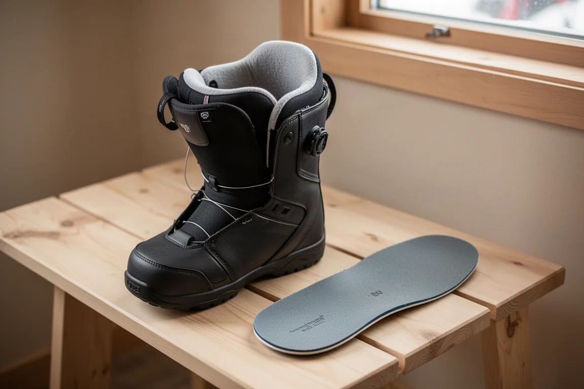 Wnęka buta snowboardowego i cienka fabryczna wkładka rozłożone na drewnianej ławce