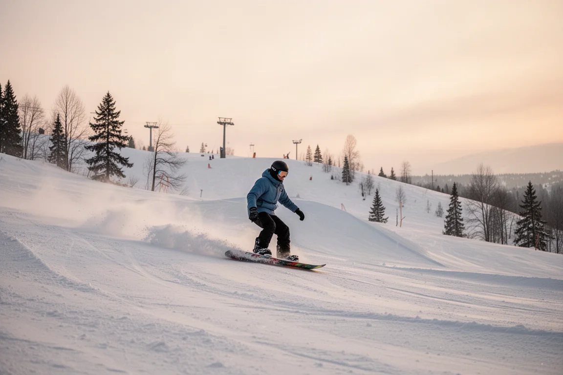 Snowboardzista na łagodnym terenie dla początkujących, jeżdżący po miękkim śniegu o zmierzchu