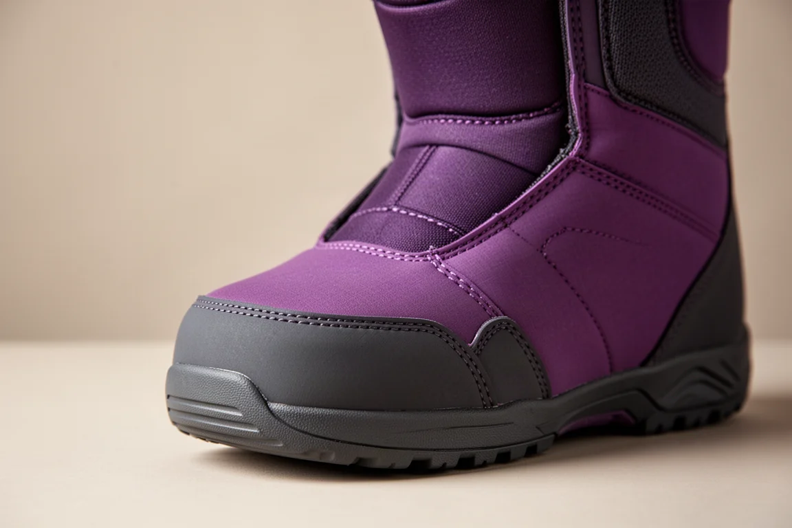 Skal på damens snowboardboot som visar det enkeldelade tåområdet och neoprenpanelen vid vadbenet