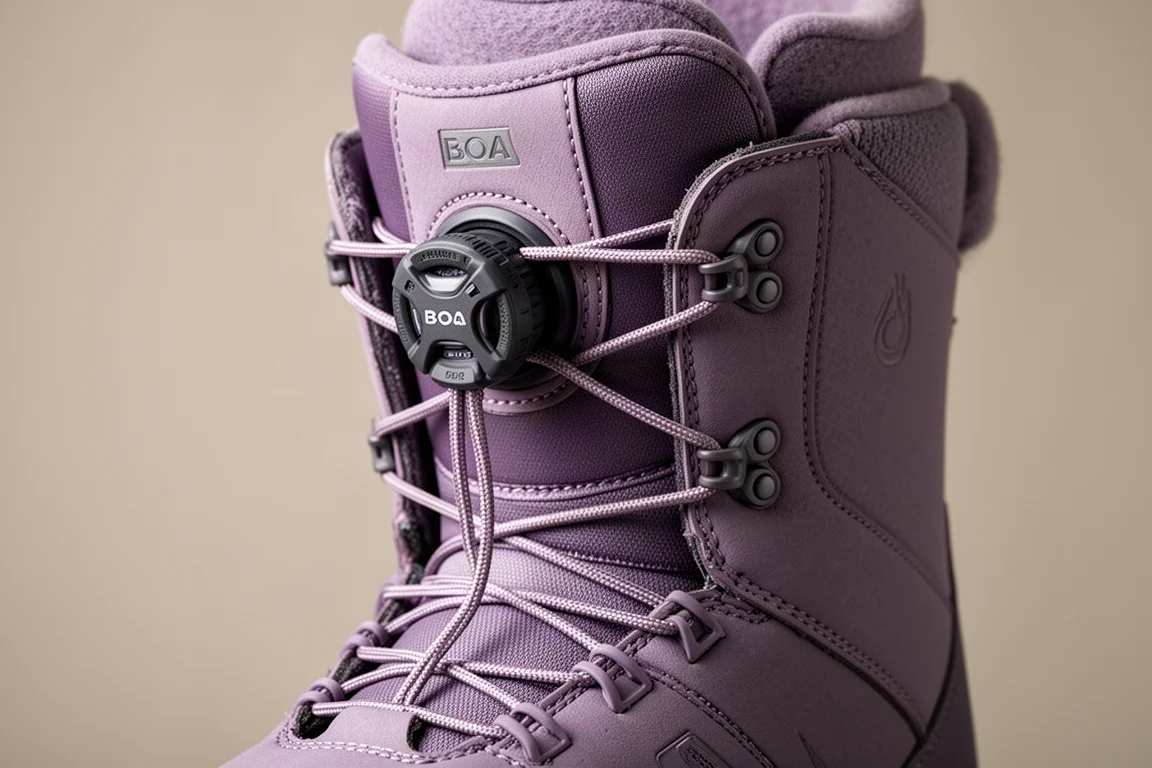 Närbild på ett enda asymmetriskt BOA-justeringshjul på sidan av en snowboardboot
