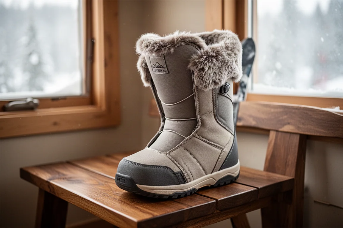 Innerboot till snowboardboot med konstpälskant och neoprentå, liggande på en träbänk