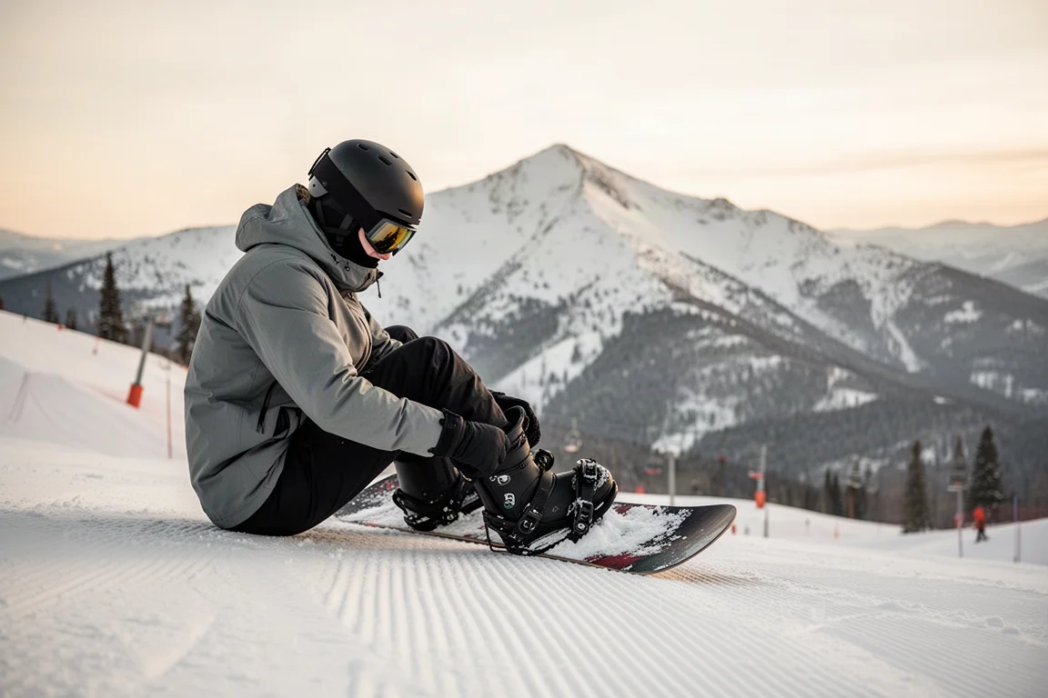 Snowboardåkare som justerar bootsbindingar uppe på en preparerad backe i milt eftermiddagsljus