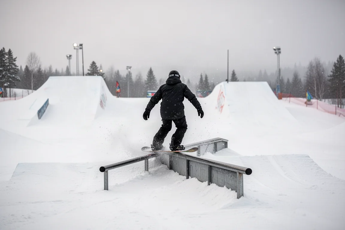 Snowboarder carving through fresh groomers on a sunlit mountain run