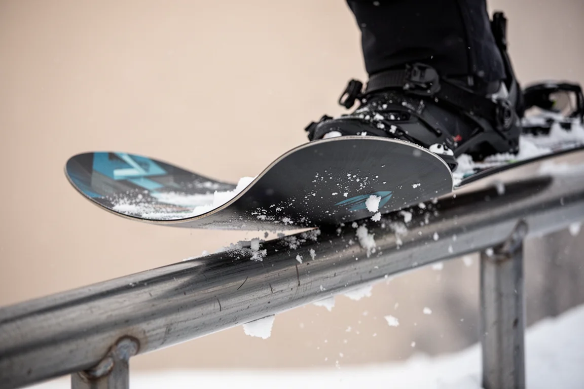 Close-up of a snowboard nose pressed against a park rail