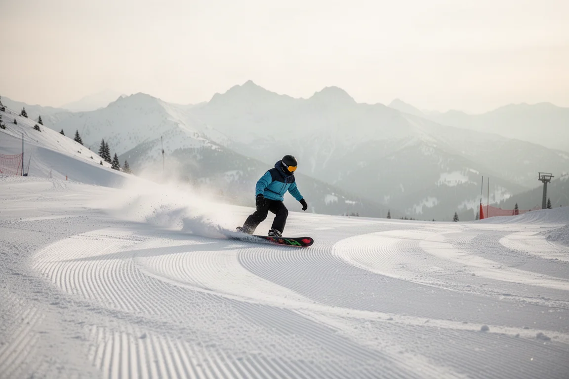 Snowboarder popping off a small park jump at dusk