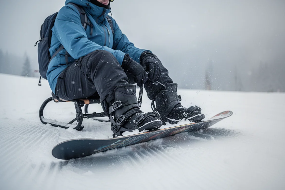Snowboardeur se fixant dans ses fixations sur une pente enneigée