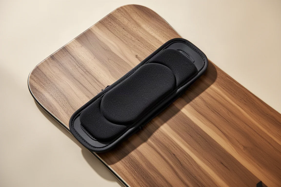 Sangle de talon minimaliste posée sur une surface neutre montrant une construction simple