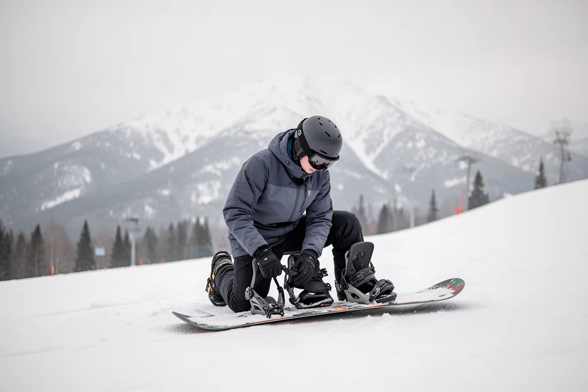 Snowboardeur débutant ajustant ses fixations en haut d'une pente douce