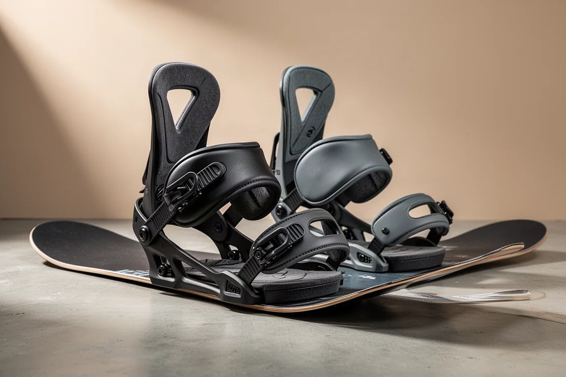 Matte black snowboard bindings with padded footbeds and wide straps mounted on a board