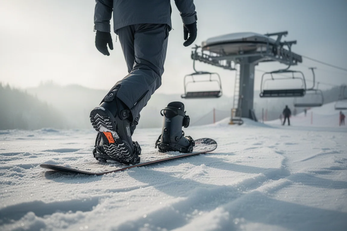 Snowboardeuse marchant sur la neige verglacée vers un télésiège dans une douce lumière matinale
