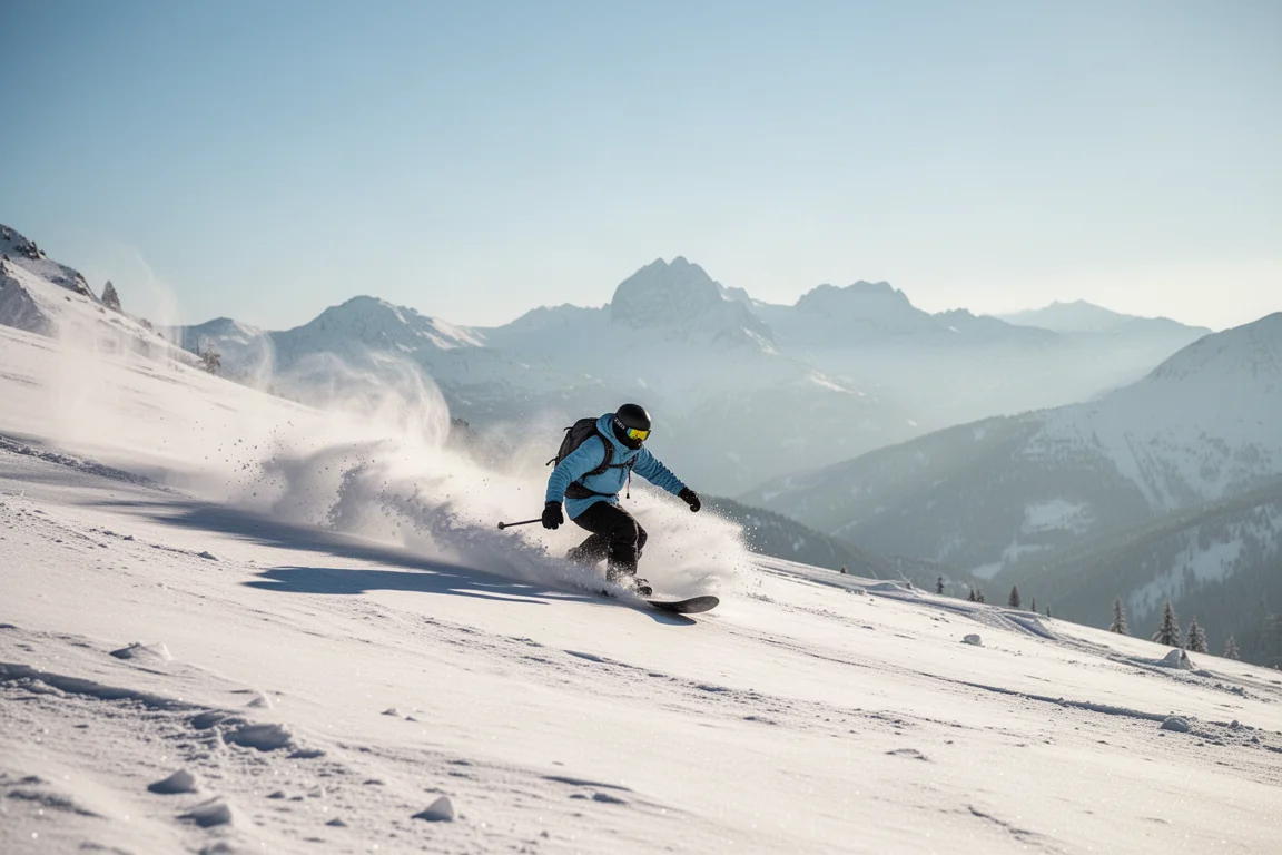Snowboarder che traccia curve nella neve fresca sotto un cielo azzurro