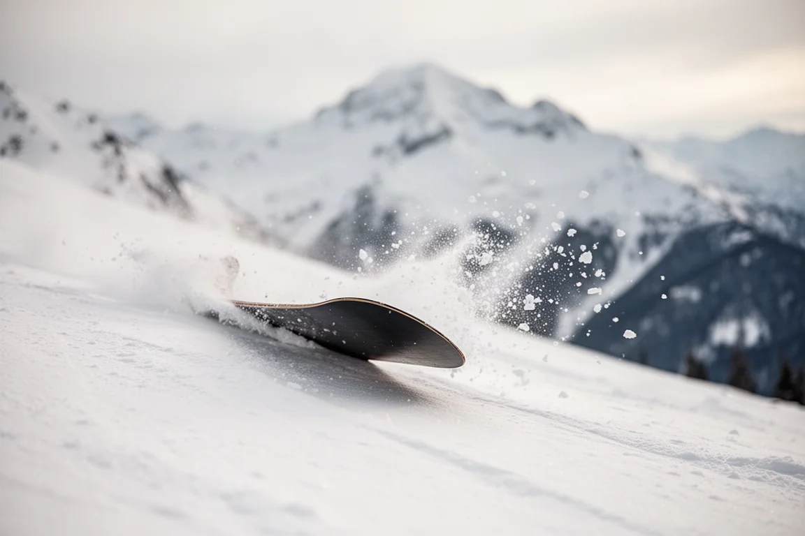 Primo piano del cantello di uno snowboard che aggrappa una pista di montagna compatta